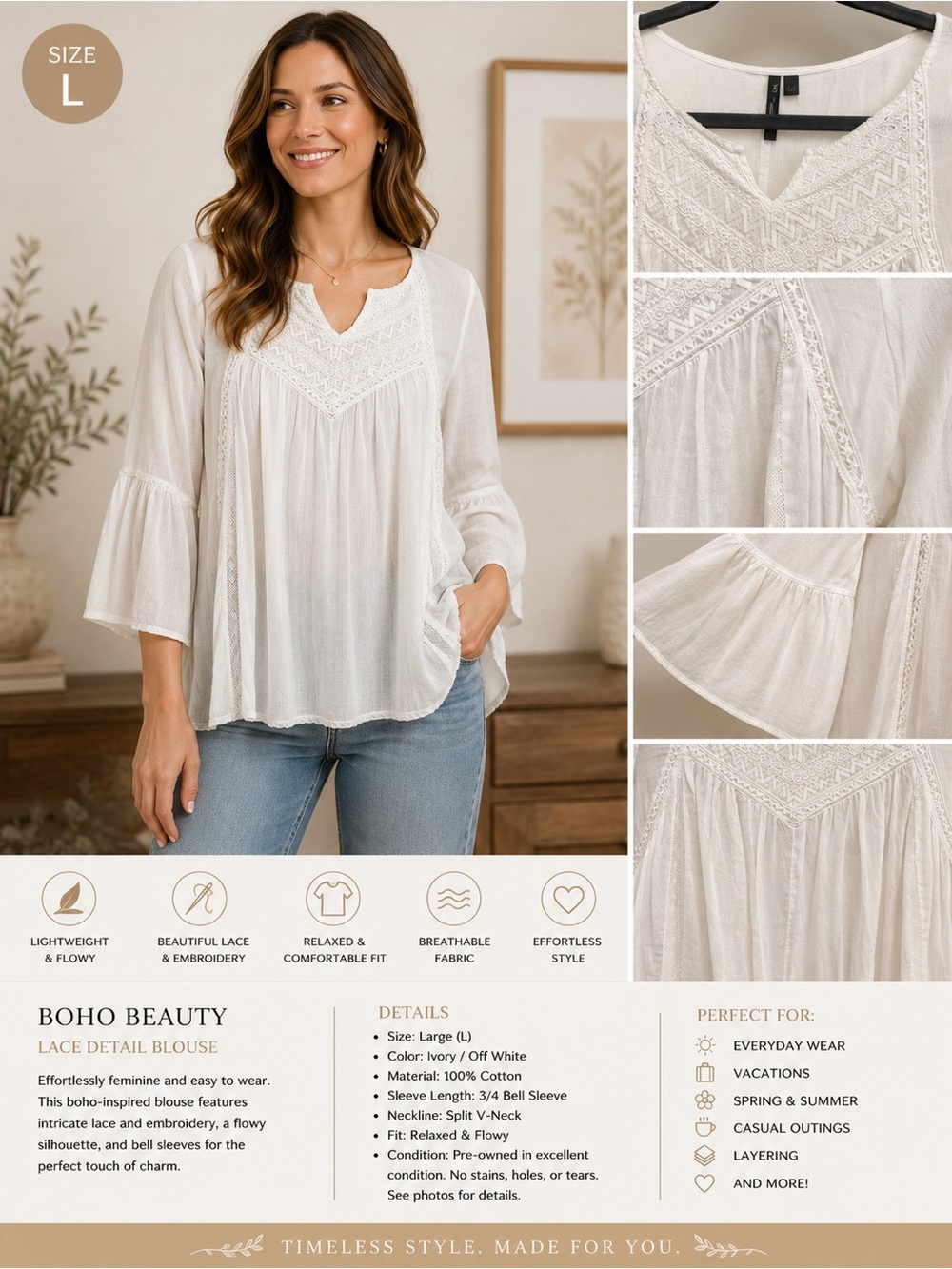 Boho Beauty Lace Detail Blouse - Ivory
